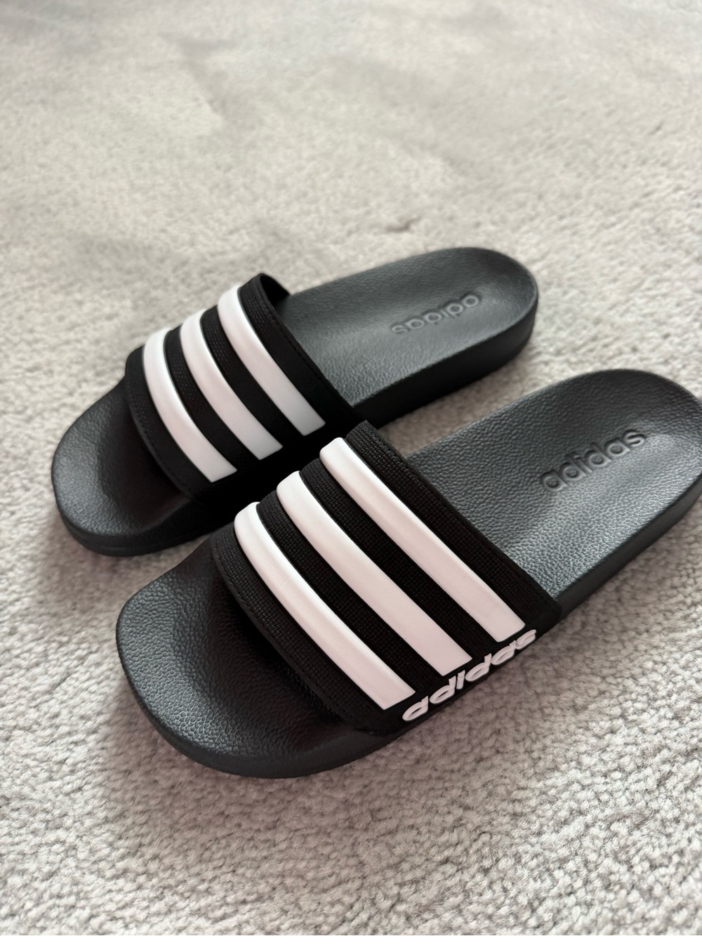 NWOT adidas Black Slides with White Three-Stripes
